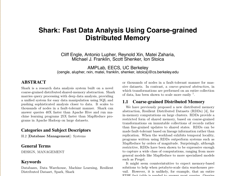 Shark Fast Data Analysis Using Coarse-grained Distributed Memory.png